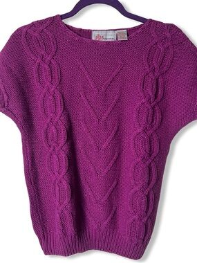 VTG 80s JBJ Sportswear Cable Knit Cap Sleeve Sweater Magenta Fuchsia Sz S